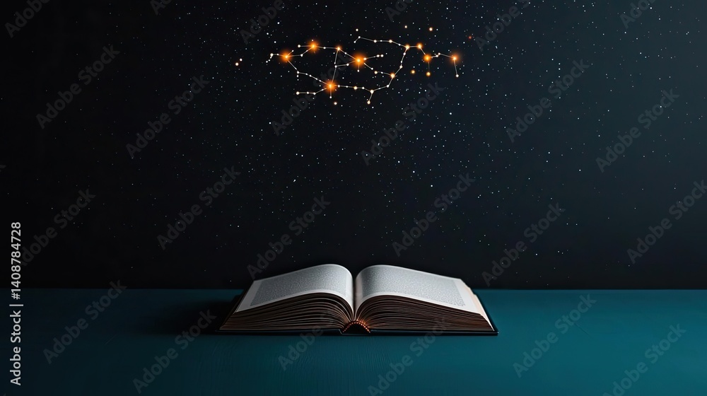 Poster open book under starry sky expanding cognition of space concept. an open book with stars above, symb
