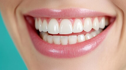 Radiant Smile: A close-up shot of a woman's radiant smile, revealing perfect, gleaming white teeth and healthy, pink lips that emanate confidence and happiness. 