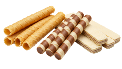 Waffle rolls, striped chocolate and vanilla wafer sticks isolated on transparent background