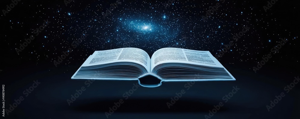 Poster open book under starry sky with galaxy and cognition concept. an open book floating in space, symbol