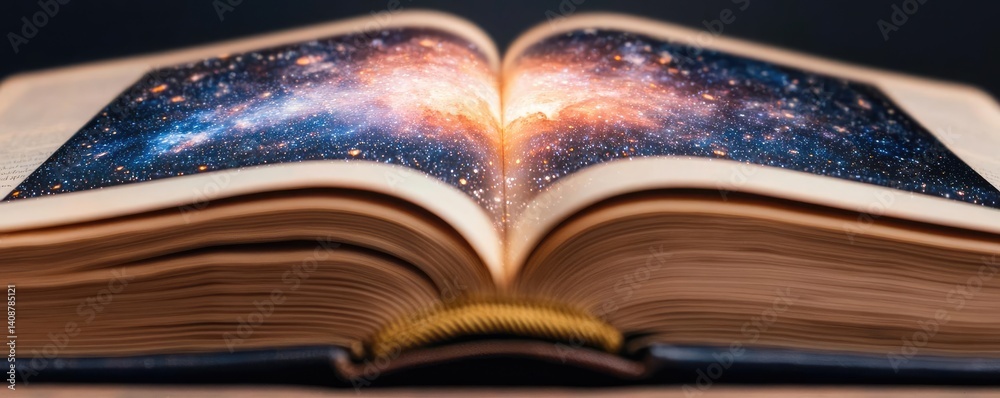 Poster open book under starry sky with galaxy and cognition concept. an open book reveals a stunning cosmic