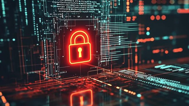 Digital security lock symbol amidst glowing circuit patterns