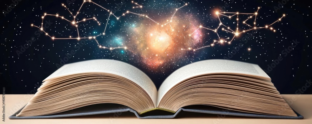Poster Open book under starry sky symbolizing learning and cognition concept. An open book revealing the wonders of the universe and stars.