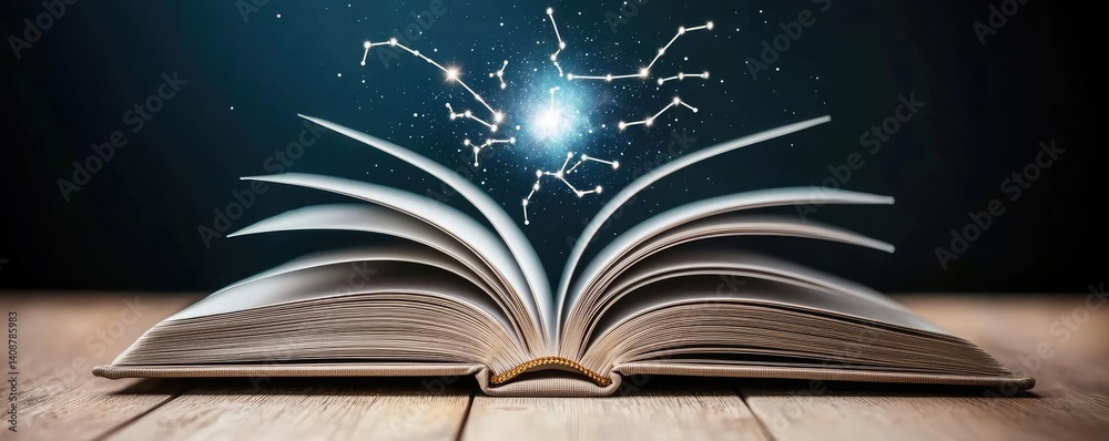 Poster Open book under starry sky symbolizing learning and cognition concept. An open book with magical stars and light emerging from its pages.