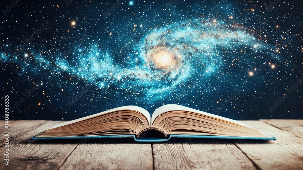 Poster Open book under starry sky with galaxy and cognition concept. An open book reveals a galaxy, symbolizing knowledge and imagination.