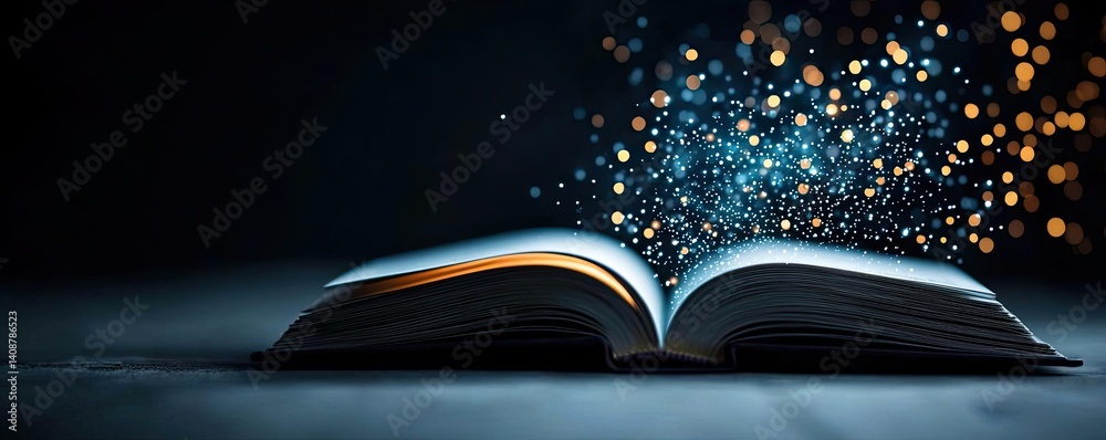 Poster Open book under starry sky with galaxy and cognition concept. An enchanting open book emits sparkles in a dark setting.