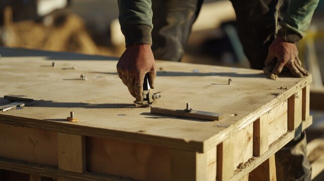 Formwork carpenter assembling wooden molds for concrete pouring. Featuring precision and strength