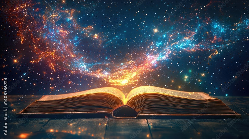 Aufkleber open book under starry sky expanding cognition of space concept. an open book revealing a cosmic uni