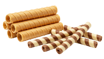 Waffle rolls, striped chocolate and vanilla wafer sticks isolated on transparent background