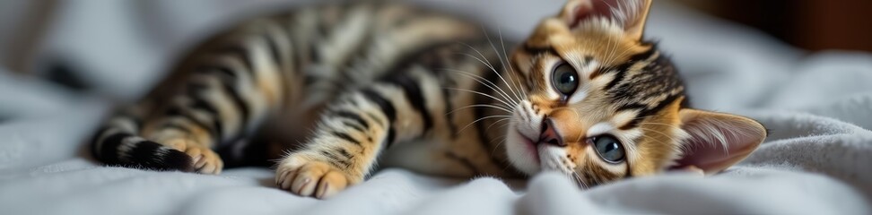 Adorable striped kitten lying on its back on a soft grey blanket, animal, grey
