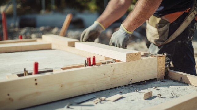Formwork carpenter assembling wooden molds for concrete pouring. Featuring precision and strength - Powered by Adobe