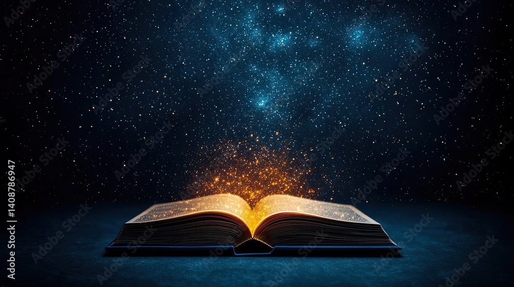 Poster open book under starry sky with galaxy and cognition concept. an open book emitting magical light in
