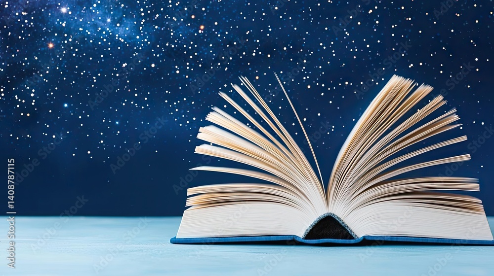 Aufkleber Open book under starry sky expanding cognition of space concept. An open book against a starry sky representing knowledge and wonder.