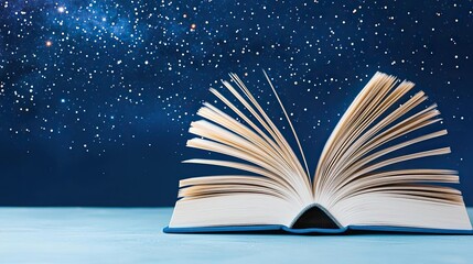 Open book under starry sky expanding cognition of space concept. An open book against a starry sky representing knowledge and wonder.