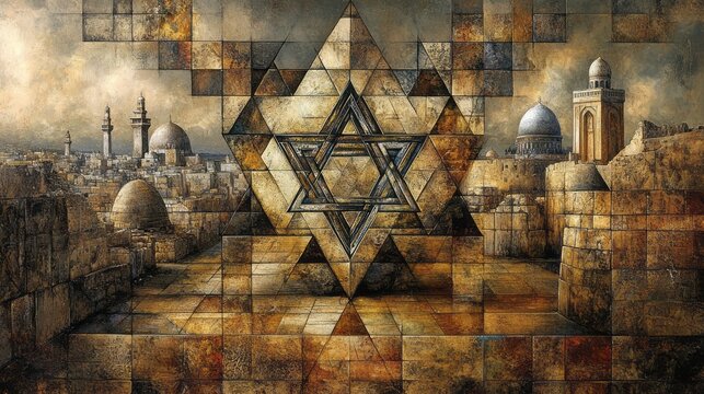 Mosaic image features Star of David over Jerusalem landscape