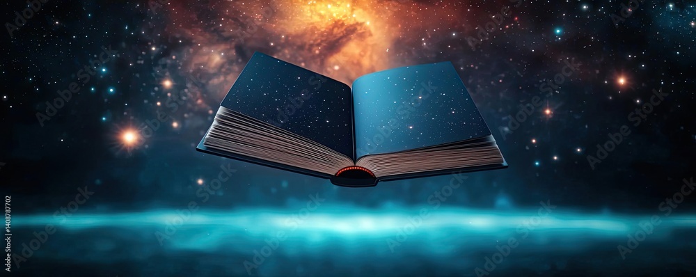 Aufkleber Open book under starry sky expanding cognition of space concept. A mystical open book floating in a starry cosmic universe.