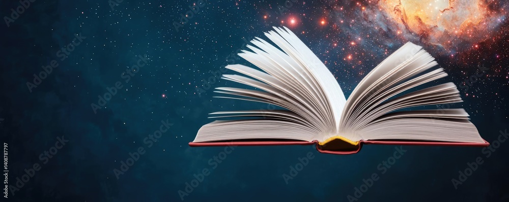Poster open book under starry sky expanding cognition of space concept. a mystical book floats in a cosmic 