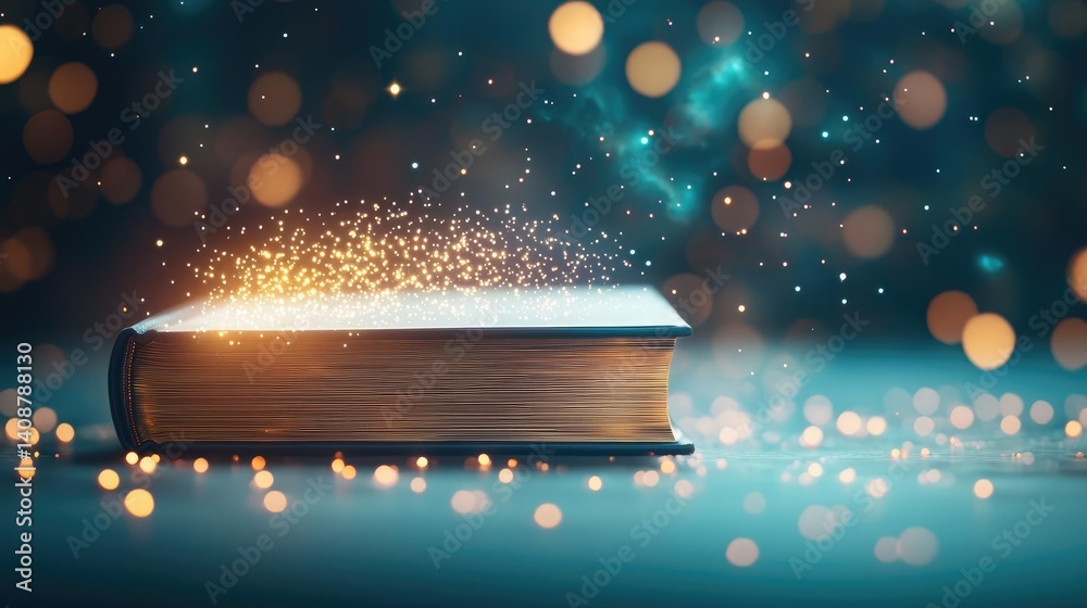Poster Open book under starry sky expanding cognition of space concept. A magical book surrounded by glowing sparkles and bokeh lights.