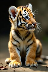 Obraz premium Adorable two months old tiger cub with fluffy fur, staring off to the side, fluffy fur, cute