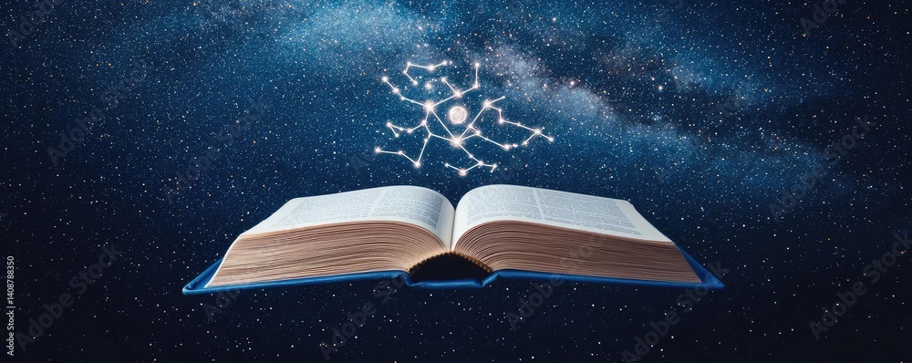 Poster open book under starry sky expanding cognition of space concept. an open book revealing constellatio