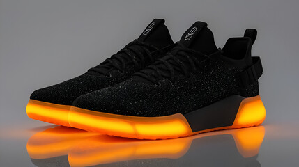 a black and orange shoe with glowing lights
