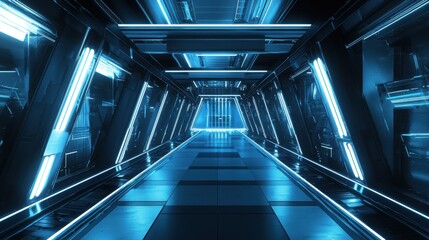 Obraz premium Sleek Futuristic Corridor with Glowing Fiber Optic Lights in Blue Hues for a High-Tech and Innovative Atmosphere