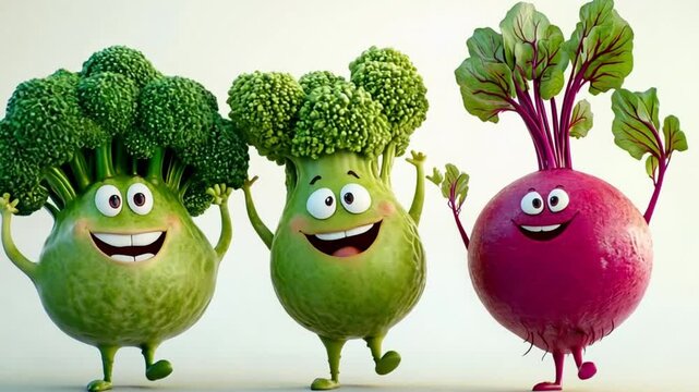 Happy cartoon vegetables celebrating with cheerful expressions