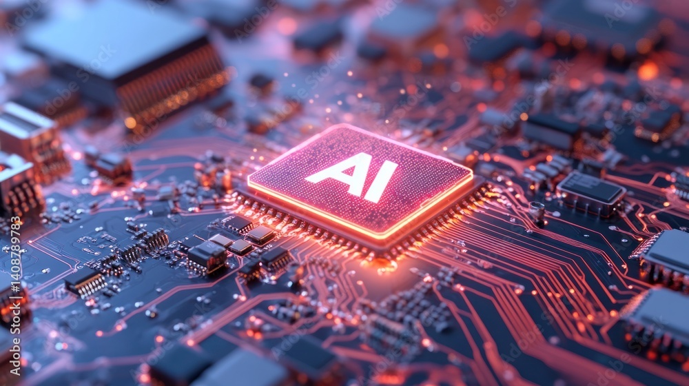 Poster ai chip: a close-up perspective on a luminous ai chip embedded within a complex circuit board, embod