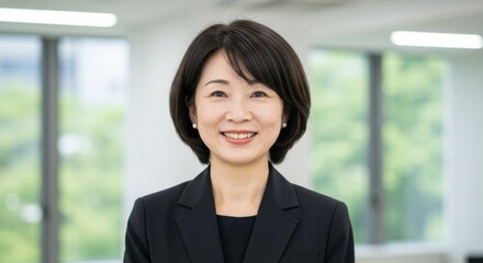 Smiling Asian businesswoman in suit portrait in an office setting