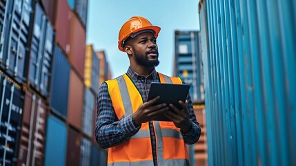 Worker examining tablet near containers