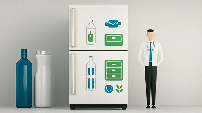 World Food Safety Day Man stands by an eco-friendly refrigerator. - Powered by Adobe