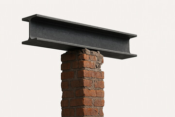 A single steel I-beam precariously balanced on top of a crumbling brick pillar - Generative AI