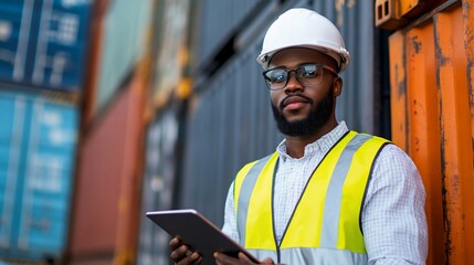 Worker in safety gear examines digital tablet near cargo containers