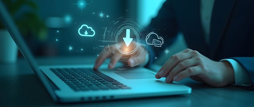 Digital workspace, holographic download icon, Businessman downloading data or documents to computer files.  cloud storage technology, backup cyber security system