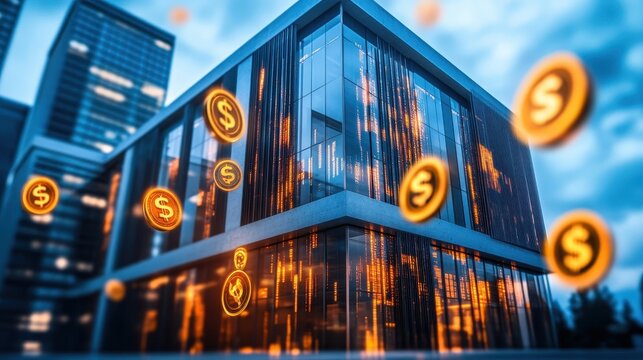 Financial institutions with floating currency symbols against a cityscape background