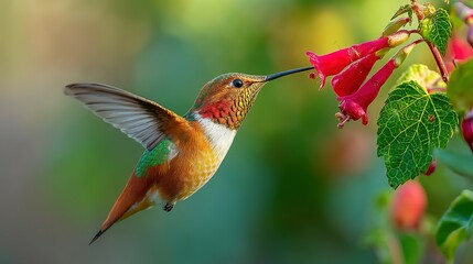 Fototapeta premium Rufous hummingbird sips nectar from a vibrant flower.