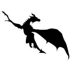 Flying Dragon Black Silhouette Isolated on White Background.