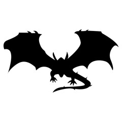 Flying Dragon Black Silhouette Isolated on White Background.