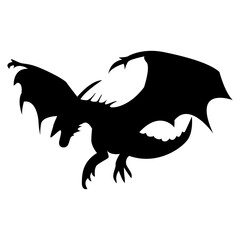 Flying Dragon Black Silhouette Isolated on White Background.