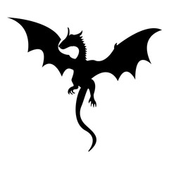 Flying Dragon Black Silhouette Isolated on White Background.