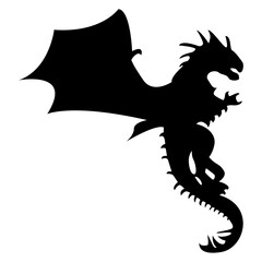 Flying Dragon Black Silhouette Isolated on White Background.