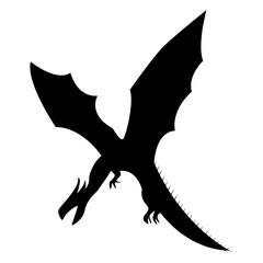 Flying Dragon Black Silhouette Isolated on White Background.
