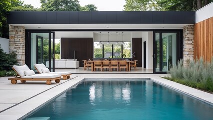 a modern, luxurious outdoor setting featuring a sleek, rectangular swimming pool with clear blue water. The pool is bordered by a light-colored stone deck, leading to a contemporary open-plan living 
