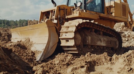 Heavy equipment operator driving bulldozer on site. Featuring control and strength