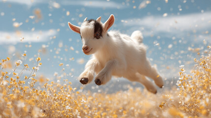 Baby goat jumping in field of flowers adorable farm animal spring meadow cute kid joyful nature scene