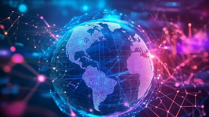 Fototapeta premium Neon colorful metaverse world in 3D cyber space symbolizing future power energy and global connection