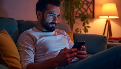 Man Relaxing on Sofa at Night While Using Smartphone