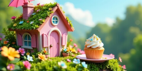A whimsical pink cottage nestled amongst vibrant blooms, a delightful cupcake rests on a nearby plate, creating a charming scene of idyllic serenity.