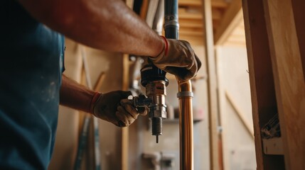 A construction worker installing plumbing pipes in a newly built home. Featuring expertise and focus