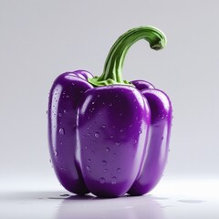 A fresh purple bell pepper with a glossy surface, water droplets, and green stem, ideal for food photography or catalog imagery, stands against a bright white background.